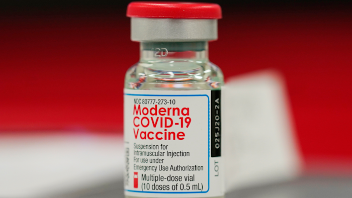 A vial of the Moderna COVID-19 vaccine at a hospital in Denver, Dec. 23, 2020.