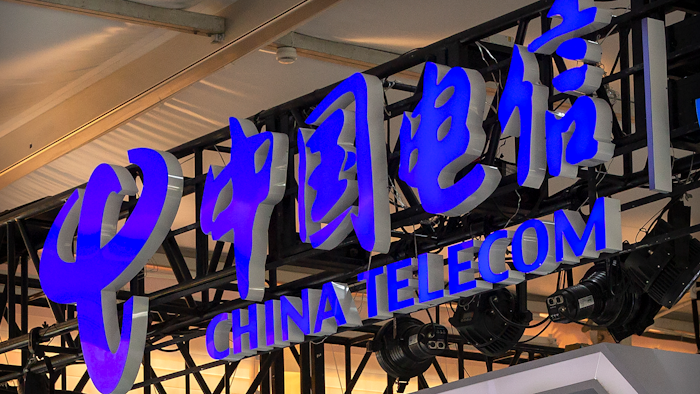China Telecom logo at a booth at the China International Fair for Trade in Services in Beijing, Sept. 5, 2020.