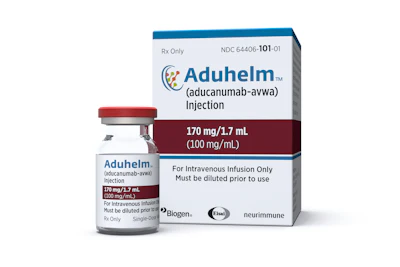 This image provided by Biogen on Monday, June 7, 2021 shows a vial and packaging for the drug Aduhelm. The first new Alzheimer’s treatment in more than 20 years was hailed as a breakthrough when regulators approved it in June 2021, but its rollout has been slowed by questions about its price and how well it works.