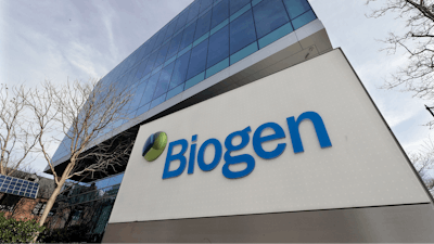 The Biogen Inc., headquarters, Wednesday, March 11, 2020, in Cambridge, Mass. A new Alzheimer’s drug from Biogen brought in only $300,000 in sales during its first full quarter on the market, continuing a slow debut complicated by coverage questions and concerns from doctors. The infused drug, hailed as a potential breakthrough treatment for a fatal disease, has encountered a health care system that “remains a major bottleneck” in keeping the treatment from patients, CEO Michel Vounatsos said Wednesday, Oct. 20, 2021.