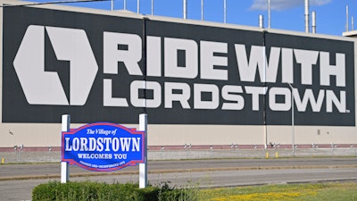 In this June 22, 2021, file photo, a mural is displayed on the wall outside the Lordstown Motors plant in Lordstown, Ohio. Foxconn Technology Group, the world’s largest electronics maker, has a deal to buy a huge auto assembly plant in Ohio from startup electric truck maker Lordstown Motors, the companies announced Thursday, Sept. 30.