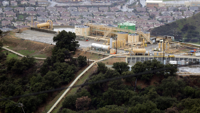 This Jan. 12, 2017, file photo, shows a gas gathering plant on a hilltop at the Southern California Gas Company's Aliso Canyon storage facility near the Porter Ranch neighborhood of Los Angeles. California regulators on Thursday, Nov. 4, 2021, voted to increase the capacity of a Southern California natural gas storage field where a 2015 blowout caused the nation's largest-ever methane leak and forced thousands from their homes.