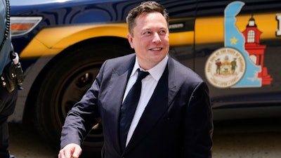 CEO Elon Musk departs from the justice center in Wilmington, Del., Tuesday, July 13, 2021. Musk said on Twitter, Monday, Nov. 1, he will sell $6 billion worth of Tesla stock and donate it to the United Nations’ food agency if it could show how the money would solve world hunger.
