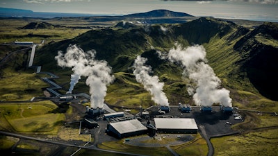 In this undated image provided by Climeworks AG shows a geothermal power plant near Reykjavik, Iceland. The Iceland plant, called Orca, is the largest such facility in the world, capturing about 4,000 metric tons of carbon dioxide per year.