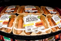 Beyond Meat brand Beyond Sausage are displayed in a cooler in a market in Pittsburgh, PA on May 5, 2021.