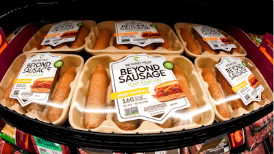 Beyond Meat brand Beyond Sausage are displayed in a cooler in a market in Pittsburgh, PA on May 5, 2021.