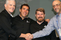 (left to right) Matt Thavis, Director of Business Development at Acme Alliance, Mauri Mendes, President of Acme Alliance-Lovejoy Industries and JR Kinnett, General Manager at Acme Alliance, receive congratulations from Harry Moser, Founder and President of the Reshoring Initiative, for winning the 2021 National Metalworking Reshoring Award.
