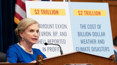 Rep. Carolyn Maloney, D-N.Y., chairwoman of the House Committee on Oversight and Reform, speaks at committee hearing on the role of fossil fuel companies in climate change, Thursday, Oct. 28, 2021, on Capitol Hill in Washington.