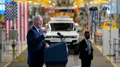 President Joe Biden speaks during a visit to the General Motors Factory ZERO electric vehicle assembly plant, Wednesday, Nov. 17, 2021, in Detroit.