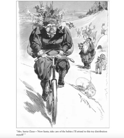 A cartoon from the Dec. 7, 1895, issue of the satirical magazine Judge shows a masculine-looking Mrs. Claus on a bicycle, leaving Santa and her children behind as she pedals away on her way to deliver Christmas gifts.