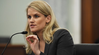 Former Facebook employee and whistleblower Frances Haugen testifies during a Senate Committee on Commerce, Science, and Transportation hearing on Capitol Hill on Tuesday, Oct. 5, 2021, in Washington. Haugen made a significant mark on the embattled tech industry in 2021.