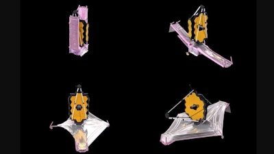 This combination of images from a computer animation depicts the unfolding of the components of the James Webb Space Telescope.