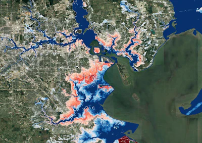 A map of Houston shows flood risk changing over the next 30 years. Blue areas are today’s 100-year flood-risk zones. The red areas reflect the same zones in 2050.