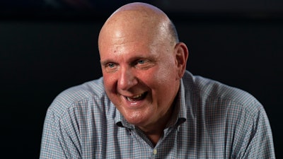 Los Angeles Clippers owner Steve Ballmer smiles while talking to a reporter during an interview with The Associated Press on Thursday, Sept. 16, 2021, in Los Angeles.