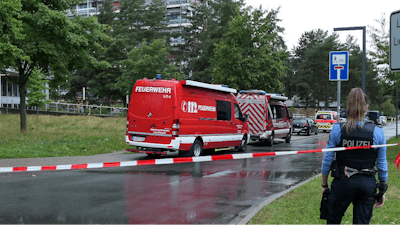 File photo shows the area around building L201 on the Lichtwiese campus that was cordoned off in Darmstadt, Aug. 23, 2021. Seven people at the Technical University of Darmstadt may have suffered severe health problems, including symptoms of poisoning, from food on Monday.