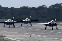 F-35B aircraft pass on a runway after landing at the Akrotiri Royal air forces base near city of Limassol, Cyprus, Tuesday, May 21, 2019. Germany announced Monday that it will replace its ageing fleet of Tornado bomber jets with U.S.-made F-35 Lighting II aircraft capable of carrying nuclear weapons.