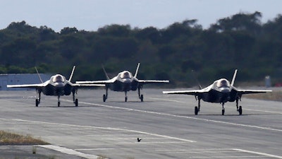 F-35B aircraft pass on a runway after landing at the Akrotiri Royal air forces base near city of Limassol, Cyprus, Tuesday, May 21, 2019. Germany announced Monday that it will replace its ageing fleet of Tornado bomber jets with U.S.-made F-35 Lighting II aircraft capable of carrying nuclear weapons.