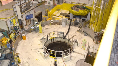 A rare view into the Advanced Test Reactor’s 35-foot high reactor vessel, after removal of the 31-ton stainless steel top head to begin a full core overhaul that was completed on March 21, 2022.