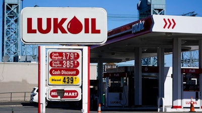 A Lukoil gas station sits in Newark, N.J., Thursday, March 3, 2022. Outraged by the invasion of Ukraine, the Newark City Council voted unanimously Wednesday to suspend the service stations’ operating licenses, citing Lukoil’s base in Moscow. In doing so, however, they may have predominantly been hurting Americans.