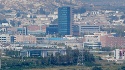 A general view of the Kaesong industrial complex is seen from the Dora Observation Post near the border village of Panmunjom which has separated the two Koreas since the Korean War, in Paju, north of Seoul, South Korea, Sept. 25, 2013. A fire erupted at the now-shuttered inter-Korean Kaesong industrial park in North Korea on Thursday, April 21, 2022, but it wasn't immediately clear if any South Korean property was damaged, officials said.