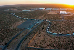 Truckers block the entrance into the Santa Teresa Port of Entry in Ciudad Juarez going into New Mexico on April 12, 2022. The truckers blocked the port as a protest to the prolonged processing times implemented by Gov. Abbott which they say have increased from 2-3 hours up to 14 hours in the last few days.