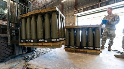 U.S. Air Force Staff Sgt. Cody Brown, right, with the 436th Aerial Port Squadron, checks pallets of 155 mm shells ultimately bound for Ukraine, Friday, April 29, 2022, at Dover Air Force Base, Del. President Joe Biden asked Congress on Thursday for $33 billion to bolster Ukraine's fight against Russia, signaling a burgeoning and long-haul American commitment.