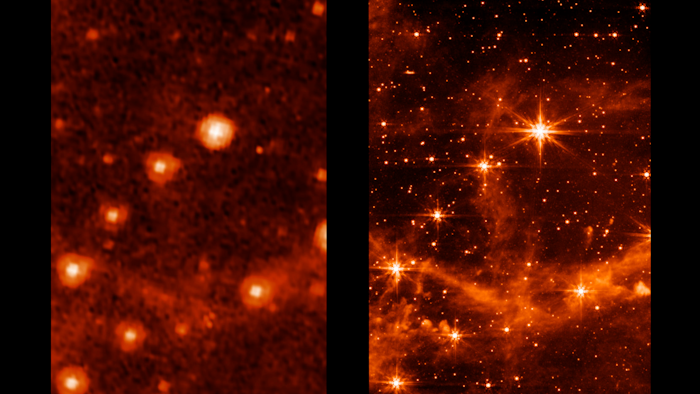 This combination of images provided by NASA on Monday, May 9, 2022, shows part of the Large Magellanic Cloud, a small satellite galaxy of the Milky Way, seen by the retired Spitzer Space Telescope, left, and the new James Webb Space Telescope. The new telescope is in the home stretch of testing, with science observations expected to begin in July, astronomers said Monday.