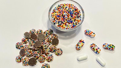 Chocolate drops covered with candy nonpareils (left), a bowl of colorful candy nonpareils (center), pharmaceutical caplets coated with nonpareils (right).