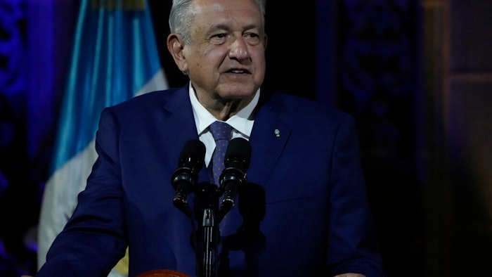 Mexico's President Andres Manuel Lopez Obrador speaks during a joint statement with Guatemalan President Alejandro Giammattei at the National Palace in Guatemala City, Thursday, May 5, 2022.