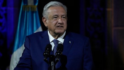 Mexico's President Andres Manuel Lopez Obrador speaks during a joint statement with Guatemalan President Alejandro Giammattei at the National Palace in Guatemala City, Thursday, May 5, 2022.