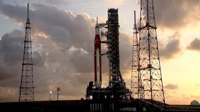 In this photo provided by NASA, NASA’s Space Launch System rocket and Orion crew capsule are seen on the launch pad at Launch Complex 39B at the Kennedy Space Center in Cape Canaveral, Fla., on Monday, June 20, 2022. NASA fueled the rocket for the first time on Monday and completed a countdown test despite a fuel line leak.