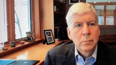 This screen shot from video, shows former Michigan Gov. Rick Snyder, during his Zoom hearing in the 67th District Court in Flint, Mich., on Jan. 18, 2020. A judge had no authority to issue indictments in the Flint water scandal, the Michigan Supreme Court said Tuesday, June 28, 2022 in an extraordinary decision that wipes out charges against former Gov. Snyder, his health director and seven other people.