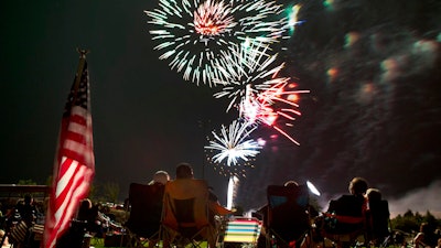 Spectators watch as fireworks explode overhead during the Fourth of July celebration at Pioneer Park, on July 4, 2013, in Prescott, Ariz. The skies over a scattering of Western cities will stay dark for the third consecutive Fourth of July in 2022 as some big fireworks displays are canceled again, this time for pandemic related supply chain or staffing problems, or fire concerns amid dry weather. The city of Phoenix cited supply chain issues in canceling its three major Independence Day fireworks shows.