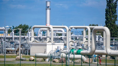 File photo shows view of pipe systems and shut-off devices at the gas receiving station of the Nord Stream 1 Baltic Sea pipeline and the transfer station of the OPAL (Ostsee-Pipeline-Anbindungsleitung - Baltic Sea Pipeline Link) long-distance gas pipeline in Lubmin, Germany, June 21, 2022.