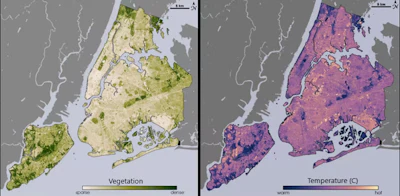 Comparing maps of New York City’s vegetation and temperature shows the cooling effect of parks and neighborhoods with more trees.
