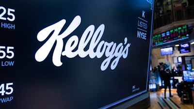 Kellogg's logo above a trading post on the floor of the New York Stock Exchange, Oct. 29, 2019.