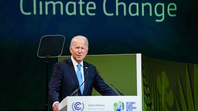 President Joe Biden speaks during a session on Action on Forests and Land Use, during the UN Climate Change Conference COP26 in Glasgow, Scotland, Nov. 2, 2021.