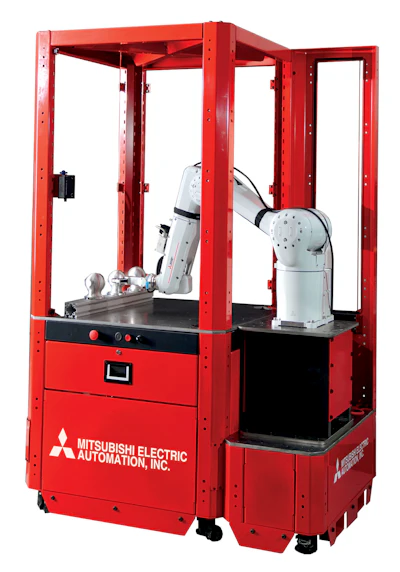 The Mitsubishi LoadMate Plus Machine Tending Robotics Cell can be easily integrated in one step to CNC machines using MEA’s Direct Robot Control function.