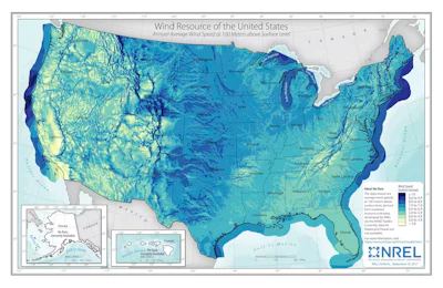 Many of the best U.S. land-based wind generating areas (dark blue zones) are far from coastal population centers, but those cities could be served by offshore wind farms.