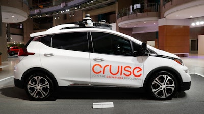 In this Jan. 16, 2019, photo, Cruise AV, General Motor's autonomous electric Bolt EV is displayed in Detroit. General Motors’ self-driving car company has announced plans to expand a robotaxi service into new markets in Arizona and Texas before the end of this year. Cruise told investors at a banking conference Monday, Sept. 12, 2022, that an autonomous ride-hailing service that began charging San Francisco passengers in June will make its debut in Phoenix and Austin, Texas, within the next 90 days.