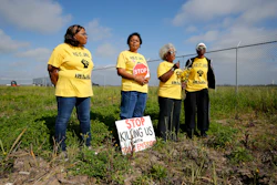 Myrtle Felton, from left, Sharon Lavigne, Gail LeBoeuf and Rita Cooper, members of RISE St. James, conduct a live stream video on property owned by Formosa on March 11, 2020, in St. James Parish, La.