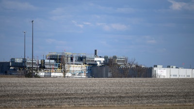 This photo taken April 18, 2020, shows the JBS USA Pork Plant in Worthington, Minn.