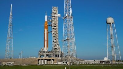 The NASA moon rocket as stands on Pad 39B for the Artemis 1 mission to orbit the Moon at the Kennedy Space Center, Tuesday, Sept. 6, 2022, in Cape Canaveral, Fla.