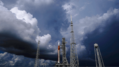 The NASA moon rocket stands on Pad 39B before a launch attempt for the Artemis 1 mission to orbit the moon at the Kennedy Space Center on Sept. 2, 2022, in Cape Canaveral, Fla.