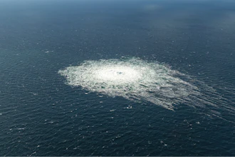 A large disturbance in the sea can be observed off the coast of the Danish island of Bornholm Tuesday, Sept. 27, 2022 following a series of unusual leaks on two natural gas pipelines running from Russia under the Baltic Sea to Germany have triggered concerns about possible sabotage.