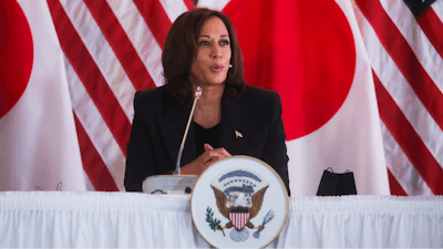 U.S. Vice President Kamala Harris hosts a roundtable discussion with Japanese business executives from companies in the semiconductor industry, at the Chief Mission Residence in Tokyo Wednesday, Sept. 28, 2022.
