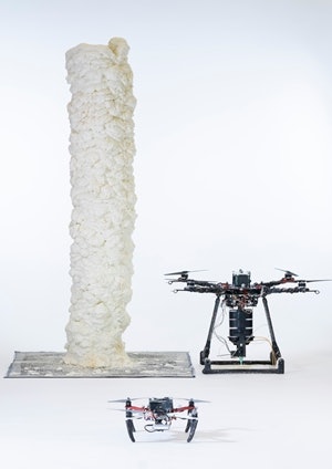 A BuilDrone and a ScanDrone built this approximately two-meter-high 'tower' of fast-curing foam – layer by layer. Image:
