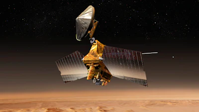 This illustration made available by NASA depicts the Mars Reconnaissance Orbiter mission over the red planet. On Thursday, Oct. 27, 2022, NASA announced two of their spacecraft, one on the surface and the other in orbit,. have recorded the biggest meteor strikes and impact craters yet.