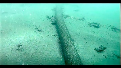 This still image from video taken Oct. 4, 2021, and provided by the U.S. Coast Guard shows an underwater pipeline that spilled tens of thousands of gallons of oil off the coast of Orange County, Calif.
