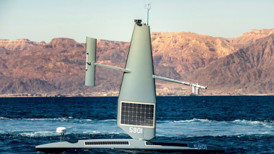 In this file photo released by the U.S. Navy, a Saildrone Explorer unmanned sea drone sails in the Gulf of Aqaba on Feb. 9, 2022.